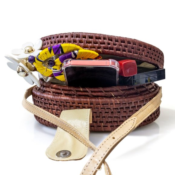 Brand New Handwoven Round Rattan Bag Shoulder Leather Straps Boho Chic - Picture 6 of 9